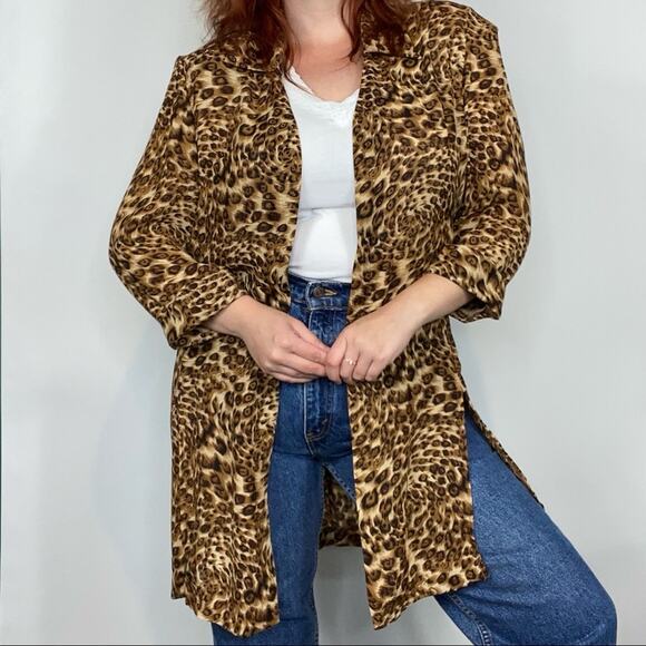 Vintage 90s Studio 1 Plus Size 16 Neutral Leopard Cheetah Print Duster Blouse - Picture 6 of 11